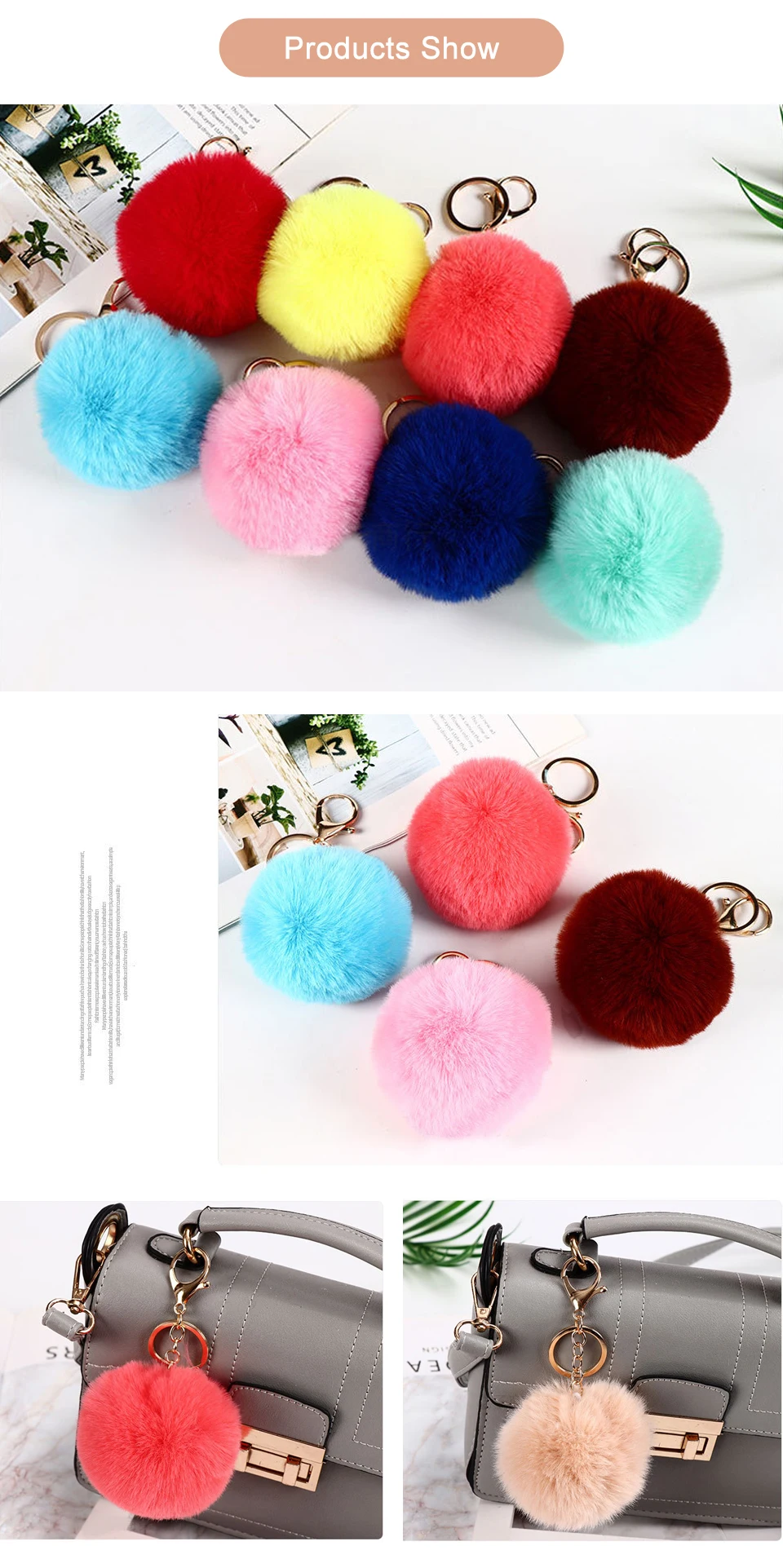 Keychain for Bags Black Pompom Faux Rabbit Fur Ball Keychains Crystal Letters Key Rings Key Holder Trendy Jewelry Bag Charm Gift (20)