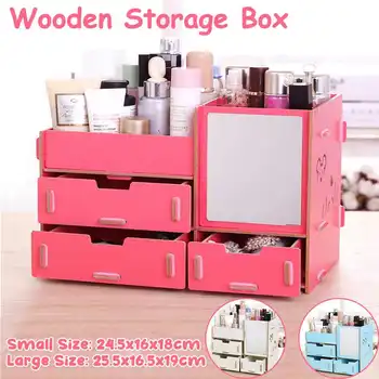 

Wooden Dressing Box Desktop Large-Capacity Drawer Integrated Skin Care Products Lipstick Makeup Storage Box with Mirror 3 Colors