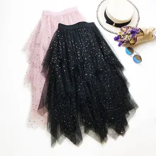 Женские Асимметричные тюлевые юбки Эластичная Высокая талия сетчатая юбка-пачка со складками Длинная Юбка-миди Saias Faldas Jupe Femmle