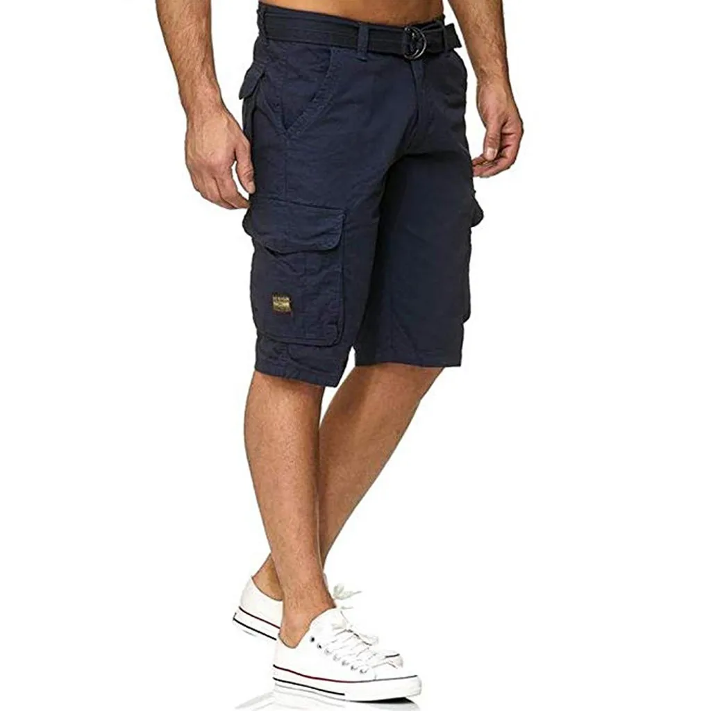

new design Fashion Men's Button Solid Color Cotton Multi-Pocket Overalls Shorts Cargo Short Pant Casual Autumn Pants +Belt