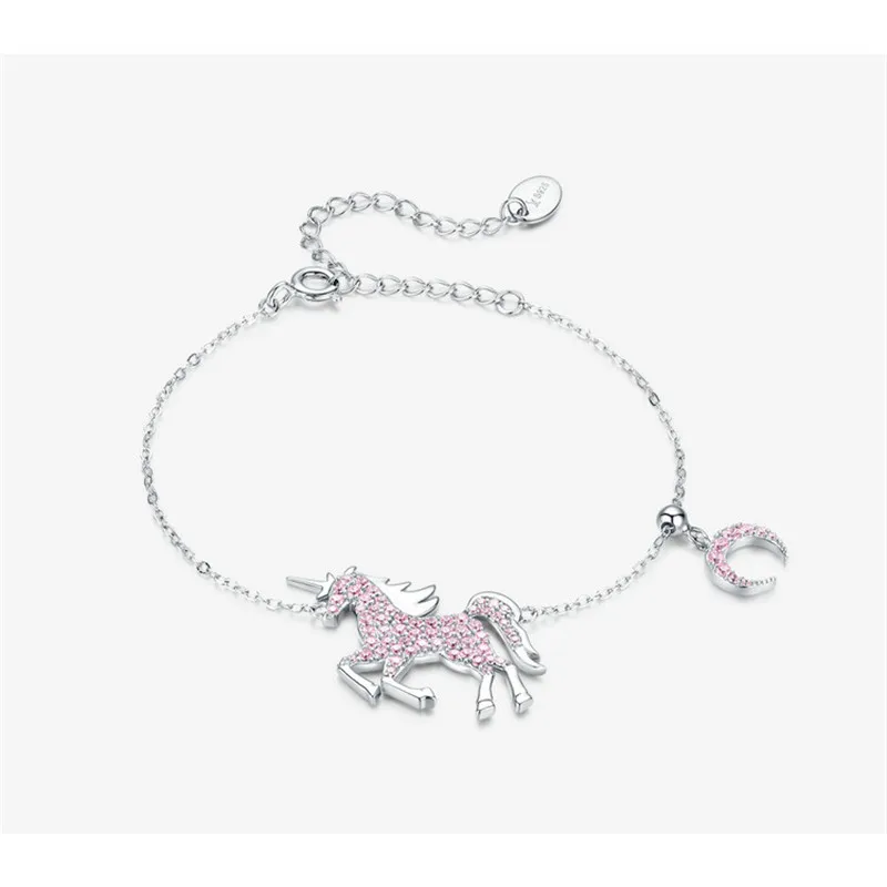 Licorne Moon цепочка с лошадью браслеты 925 пробы серебро Femme Pegasus Дизайн Ювелирные изделия Розовый CZ Bijoux для девочки SCB155