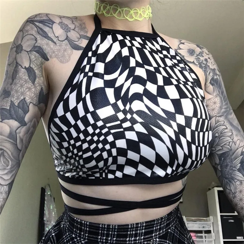 

Black and White Geometric Print Sexy Halter Crop Tops Streetwear Rave Festival 2019 Summer Womens Tanks 2019 New Brand SA-85