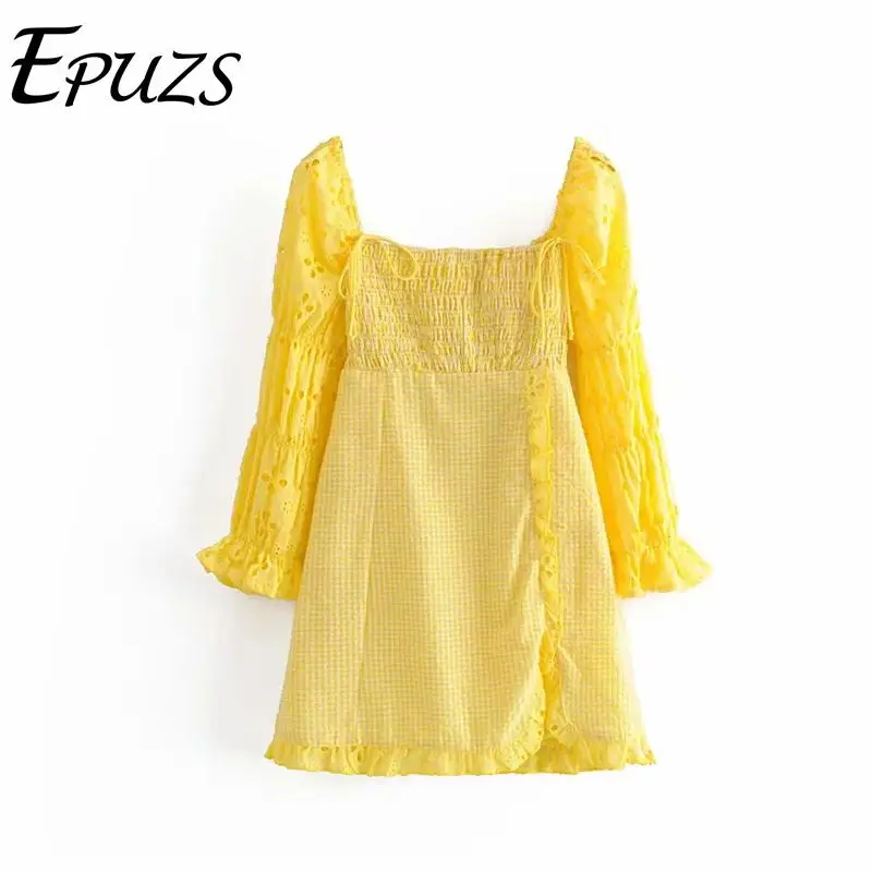 

Vintage boho embroidery yellow sexy dress womens summer mini dress korean vestidos long sleeve party dress 2019