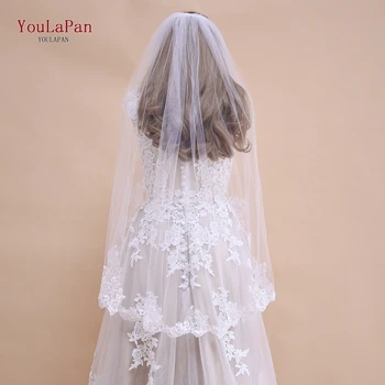 

YouLaPan Embellished Wedding Veil Bridal Veil Elegant Wedding Accessories White Ivory One Layer Bridal Veil Appliques Lace VE02