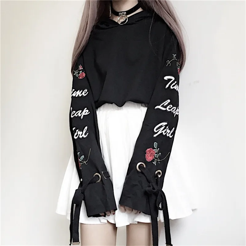  MERRY PRETTY Harajuku Women Hooded Sweatshirt Flower Embroidery Lace Up Casual Long Sleeve Hoodies 