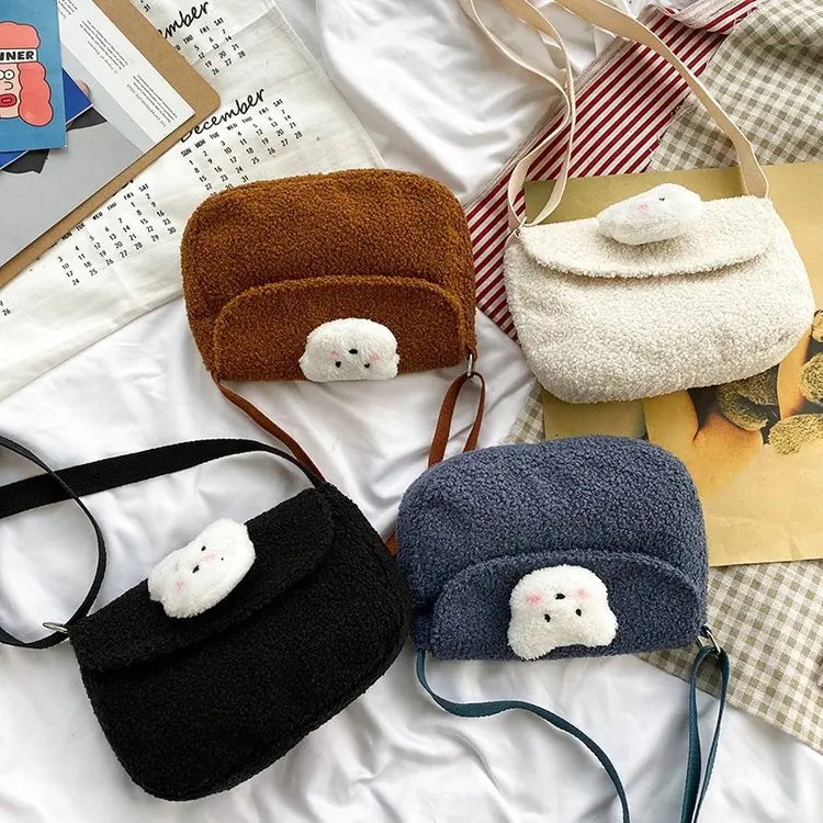 

2020 Spring New Style Versatile Shoulder New Style Woolen Cloth Mobile Phone Makeup Bag Cute Bear Fashion Single-shoulder Bag