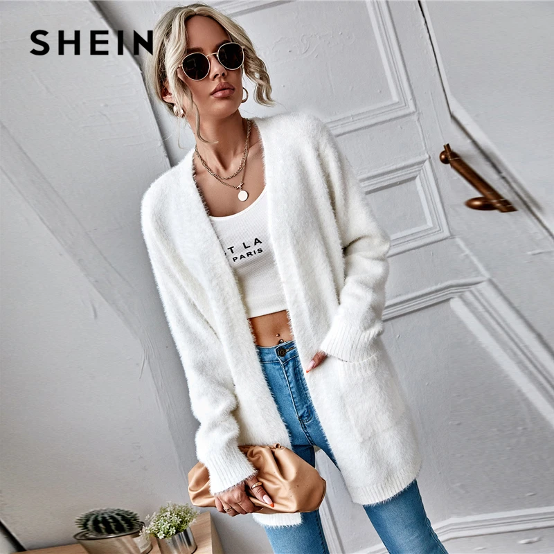 SHEIN-Chaqueta de punto bordada con bolsillos para mujer, Rebeca larga informal lisa con bolsillos y hombros caídos, con parche blanco