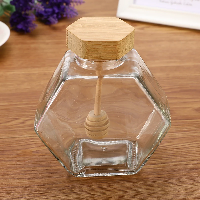 X60 Honey Pot 220ml/8oz Volume 12oz Honey Weight Hexagonal Glass Jar with Wooden Dipper Cork Lid Cover for Home Kitchen
