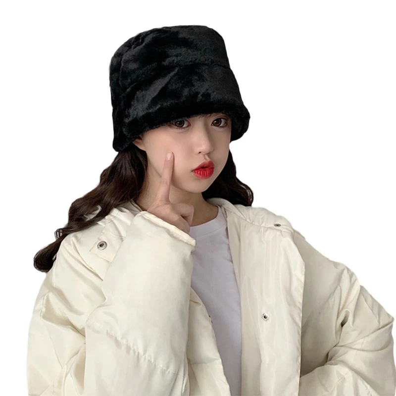 Women Winter Fluffy Plush Bucket Hat Leopard Printed Harajuku Warm Fisherman Cap 