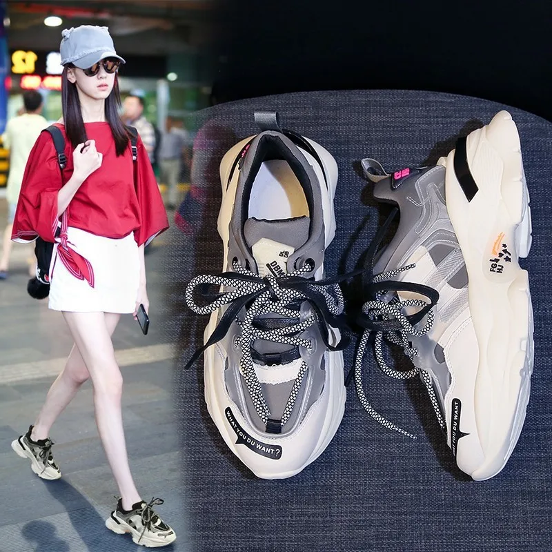 

2019 Autumn New Style Athletic Shoes Women's Tennis Red Fire Intellectual Smoked Dad Shoes Thick Bottomed Versatile Mixed Colors