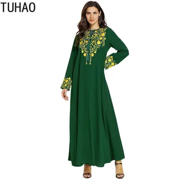 

Large Size Woman's Green Dress Floral Embroidered Dresses O-neck Arab Muslim Dresses Casual Large Size Long Maxi Robes T9002
