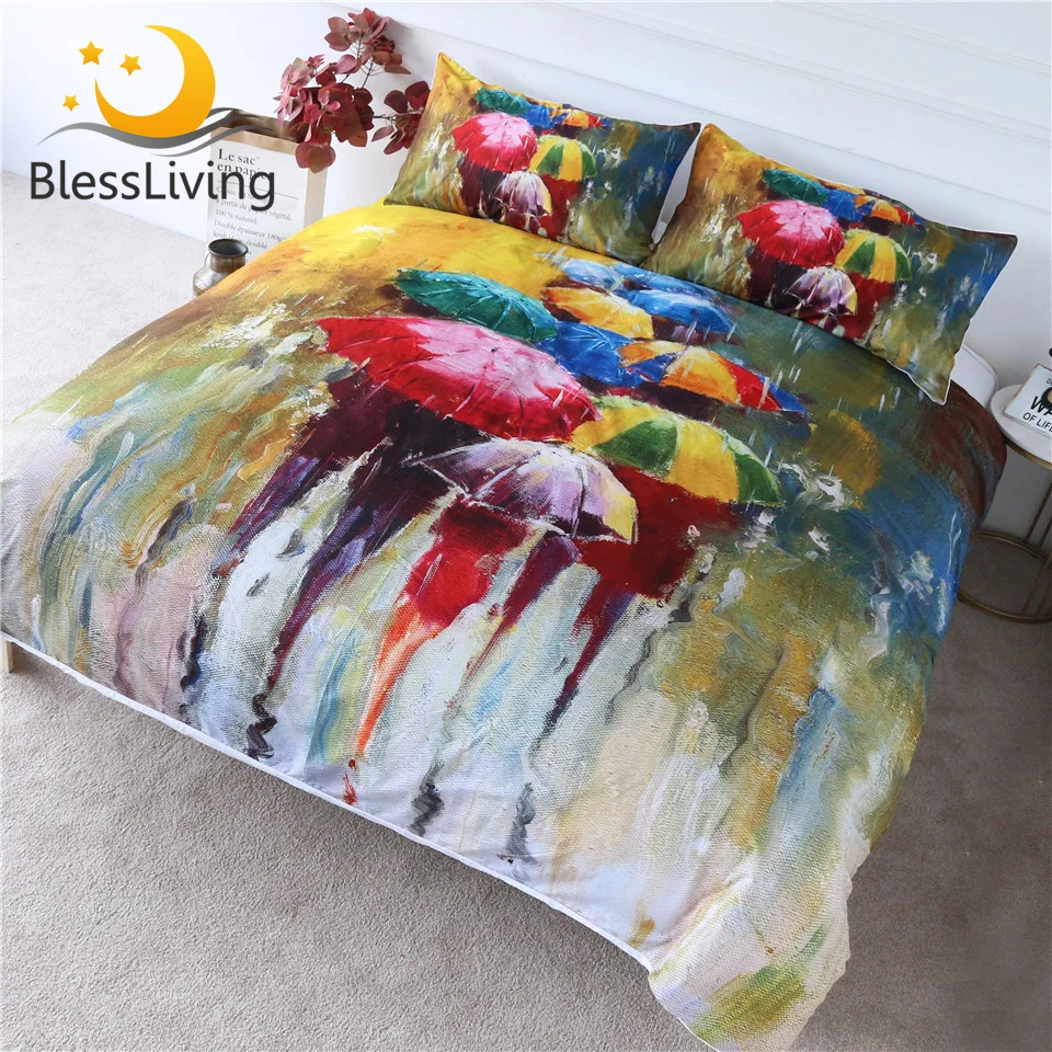 Blesslive Цветной Зонтик постельное белье дождливый день пододеяльник набор из 3 предметов картина маслом Напечатанный Покрывало искусство покрывала королева