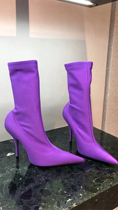 purple Женские носки, сапоги до середины икры, с острым носком, на эластичном высоком каблуке, однотонные бархатные, розовые, красные, осенне-зимние женские сапоги, цвет Custome - Цвет: purple
