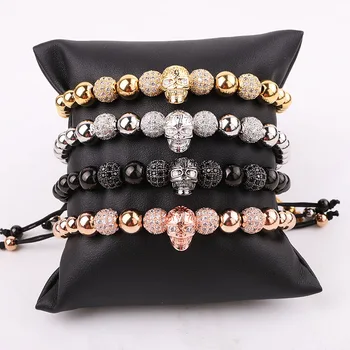 High Quality Luxury Men Jewelry Bracelet 8mm CZ Micro Pave Ball Skull Charm Adjustable Beads Macrame Bracelet