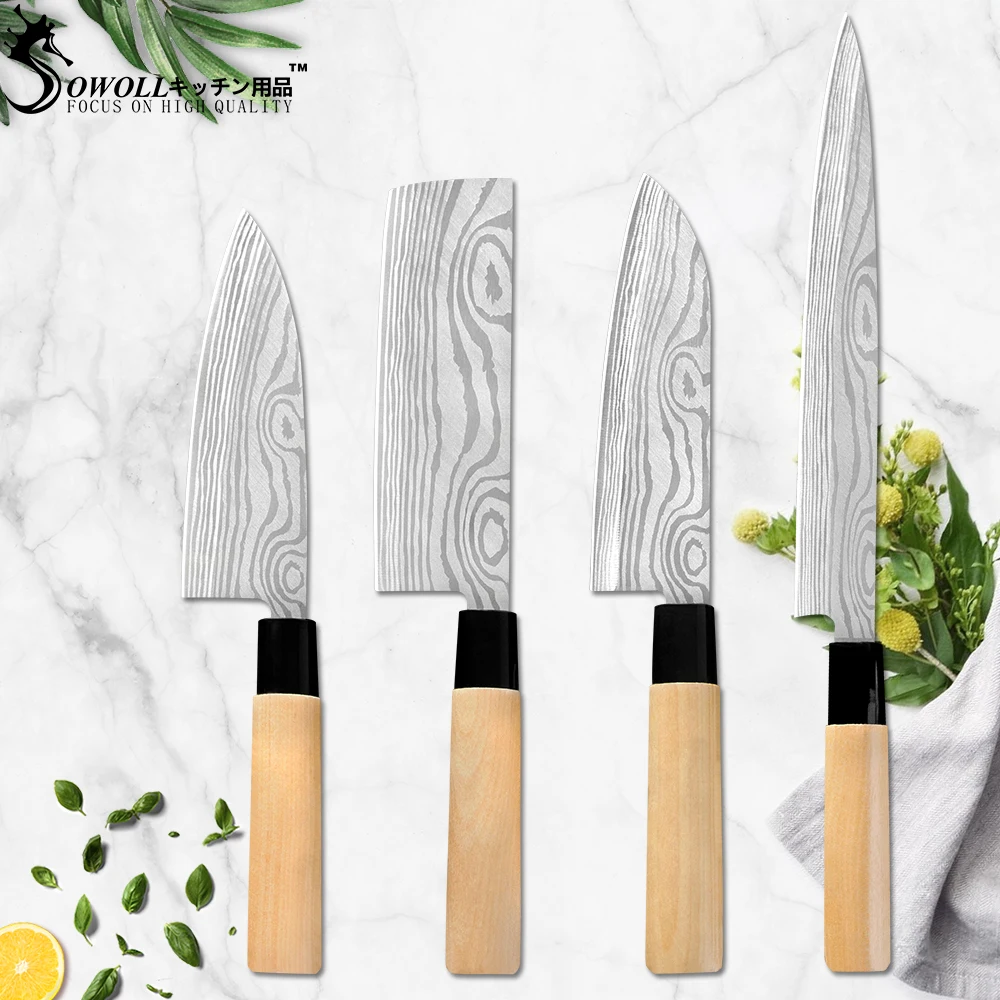 Кухонные ножи Sowoll в японском стиле 4Cr14 из нержавеющей стали с деревянной ручкой 6," Chef 7" Santoku " разделочный 9" нож сашими