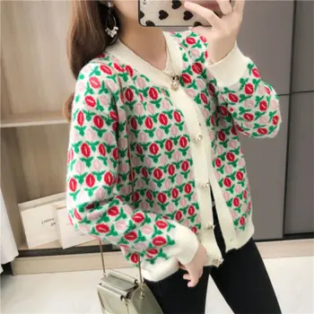 

autumn winter women sweater knitted thick solid color jacket full sleeves cardigan pearl button