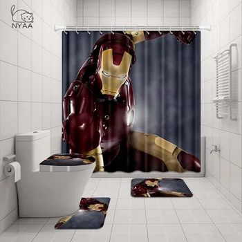 

NYAA 4 Pcs Iron Man Shower Curtain Pedestal Rug Lid Toilet Cover Mat Bath Mat Set For Bathroom Decor