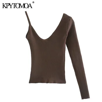 

KPYTOMOA Women 2020 Sexy Fashion Stretchy Slim Asymmetric Knitted Sweater Vintage V Neck Long Sleeve Female Pullovers Chic Tops