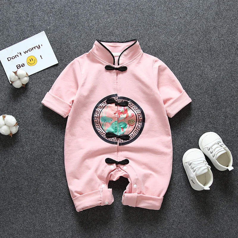 Одежда для новорожденных; Детский комбинезон с вышивкой в китайском стиле; Модный повседневный Мягкий комбинезон с короткими рукавами для маленьких мальчиков и девочек - Цвет: Розовый