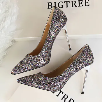 

European and American style new women's shoes shallow mouth pointed sparkle sequins sexy thin high heels black work shoes