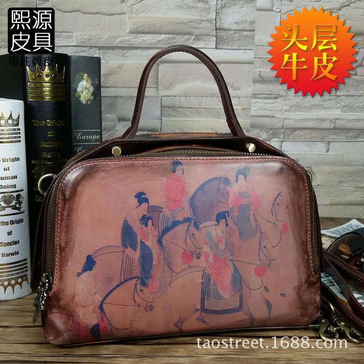 

Origional WOMEN'S Leather Bags Skeleton-skin Hand-rub Color Retro National Wind First Layer Cowhide Handbag Shoulder Bag