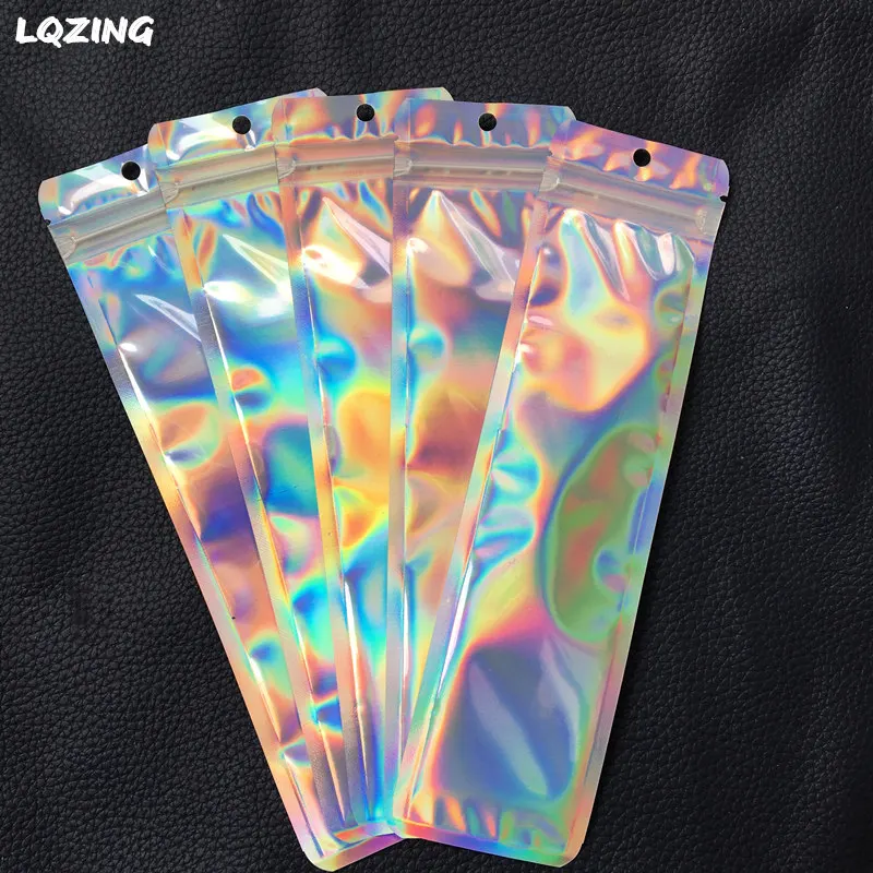 100pcs Holographic Storage Flat Zip Lock Bags Laser Mylar Foil Pouch One Side Clear Reusable