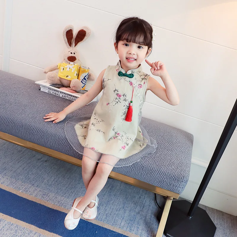 

Girls Cheongsam Floral-Print Chinese Costume Big Boy Cheongsam Dress National Wind Retro Handicap Princess Skirt