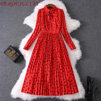 

VERDEJULIAY European Office Lady Fashion Love Print Pleated Red Dresses 2020 Spring French Style Elegant Bow Mid-Calf Dress