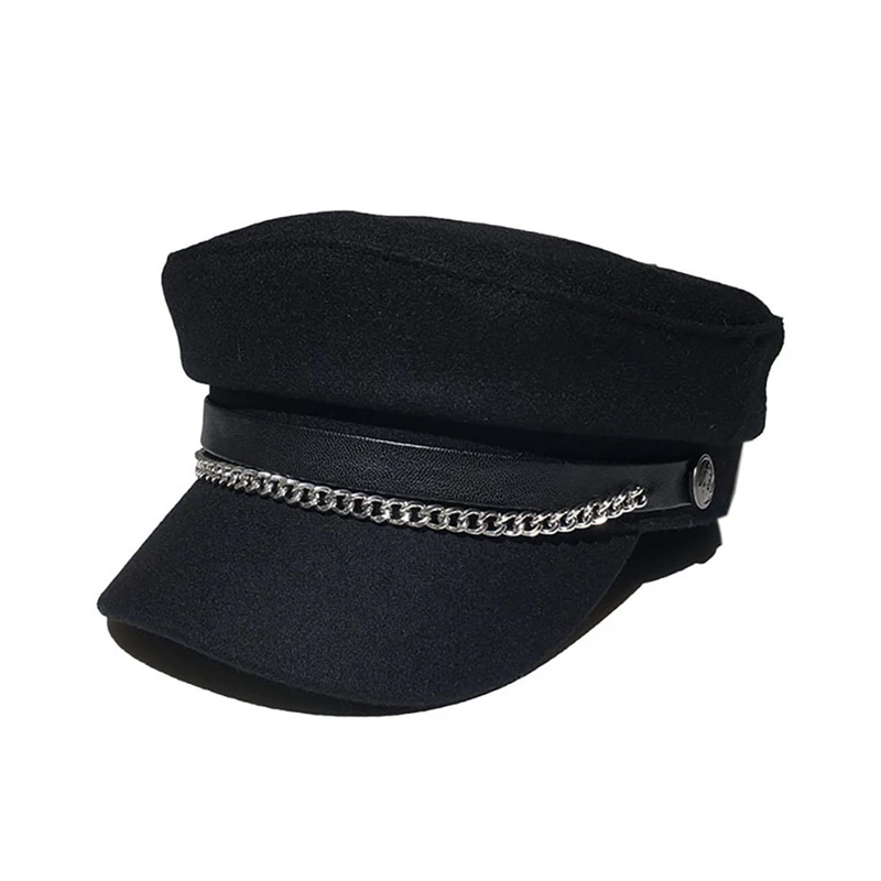 

Cotton fabric Women's Navy Cap PU leather Eaves With Chain clause Thermal Sunshade Hat Outdoor Headwearve