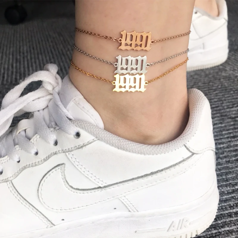 

Personalized Year number Anklet Bracelet Any numbers Foot Jewelry Stainless Steel Handmade Letter Chain Anklets Birthday Gift
