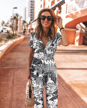 

Short Sleeve V Neck Print Leaf Women Playsuit Summer Girdle Waist Full Pants Jumpsuit For Lady Casual Wear Clothes