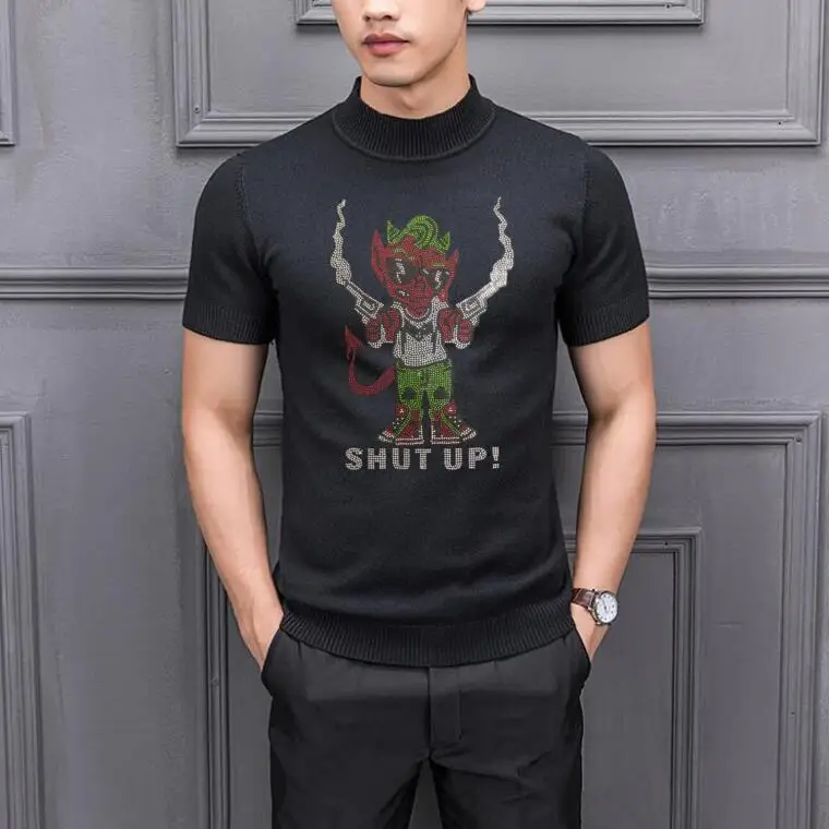 

Cartoon design short sweater Hot drill man with guns handsome Rhinestones men short sweaters