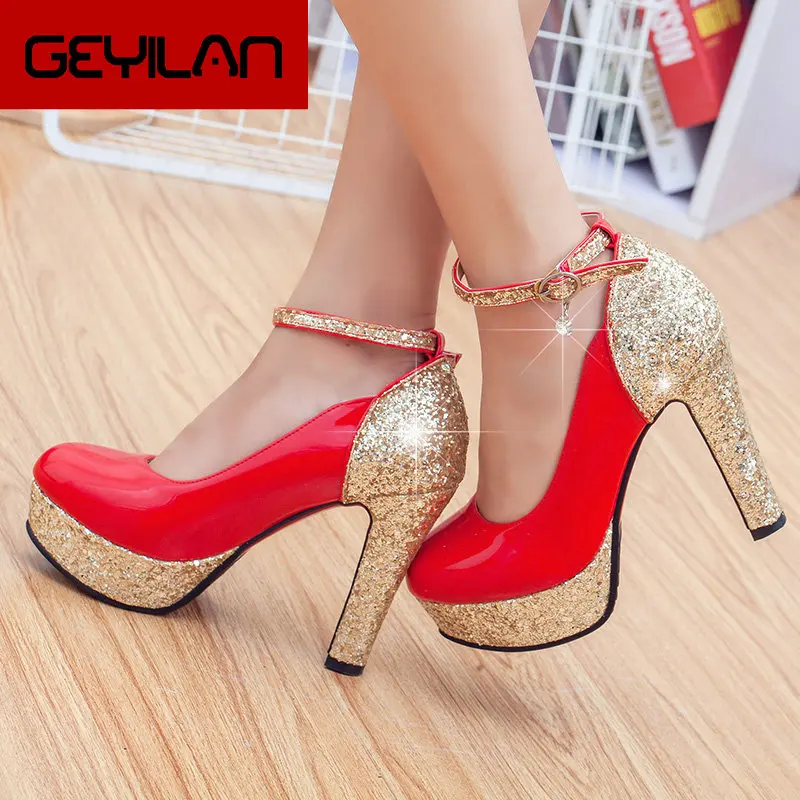 

Women's Sexy Sequin High Heels Platform Ankle Strap Pumps Round Toe Party Spring Autumn Shoes Ladies White Black Red