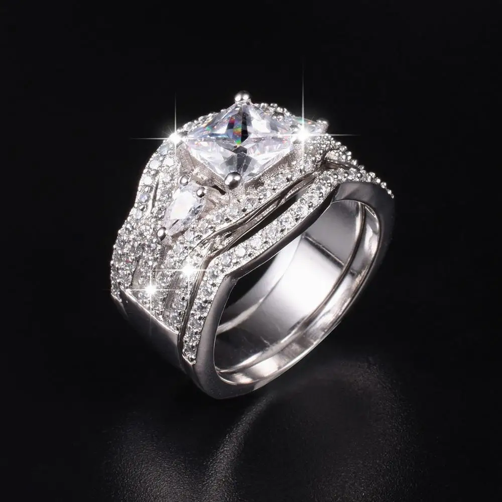 Vintage Handmade Pave Diamond Rings Set 3-in-1 Luxury 10K White gold Engagement Wedding For Women gemstone Jewelry gift | Украшения и
