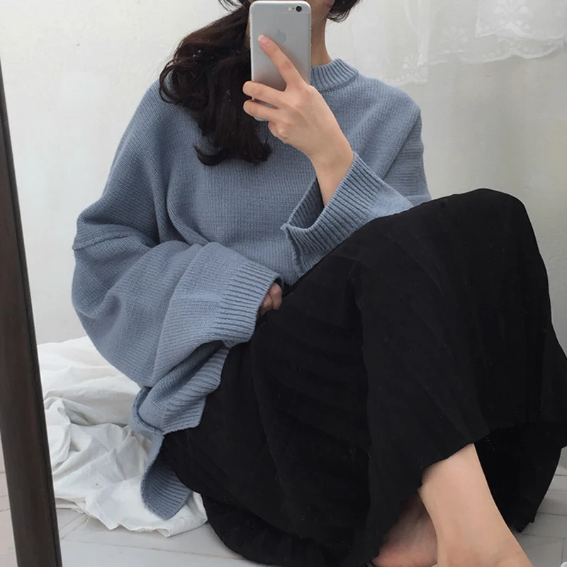 

2 colors korean chic style autumn and Winter solid color thick knitted Sweater and pullovers womens (C8793)