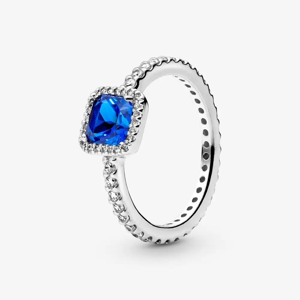 

2019 New Original 925 Sterling Silver Blue Square Sparkle Halo Ring For Women Resizable Wedding Engagement Rings DropShipping