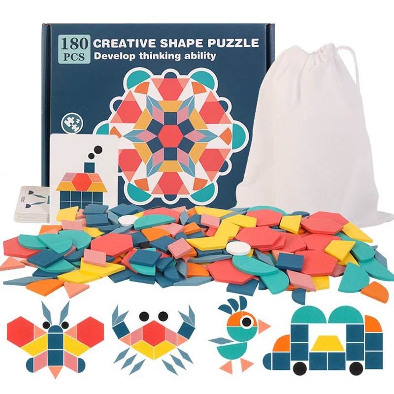

QWZ 180pcs Montessori Tangram Creative Shape Game Colorful Educational Funny Learning Wooden Toy For Children Christmas Gift