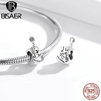 

BISAER 925 Sterling Silver Simple Guitar Charms Musical instrument Beads fit Bracelet for Silver 925 Jewelry Making GXC1708