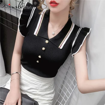 

Summer Korean Style Knit T-shirt Sexy Fashion Button Women Tops Ropa Mujer Ruffles Sleeveless Slim All Match Tees 2020 T08109L