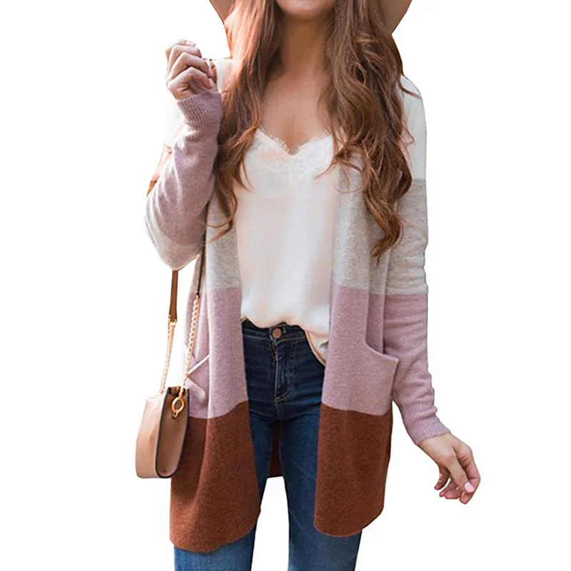 

New 2020 Sweaters For Women Patchwork Autumn Winter Female Jumper With Pockets Outwear Elegant Knitted Cardigan Coats Femme