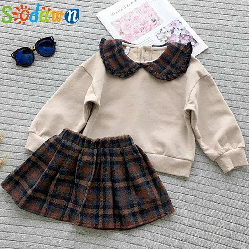

Sodawn Baby Girl Clothes Set 2019 Autumn Winter Children Clothing Set 2pcs Sweater Top+Plaid Skirts Kids Clothes Outfits Suit