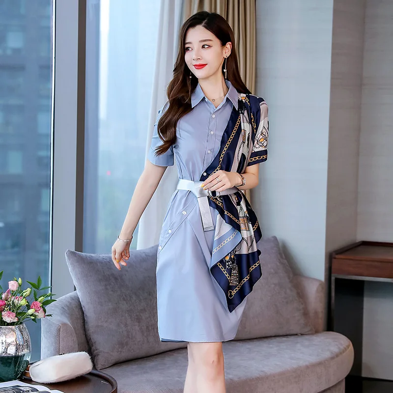 

Shirt Dress Women's Summer 2019 New Style Mid-length Joint Contrast Color Belt Waist Hugging Elegant A- line chen yi qun