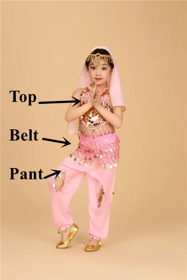 Детский костюм для танца живота, Индийский Болливуд, Восточный Египетский танец живота, платье для девочек, топ для танца живота, штаны, 6 цветов - Цвет: Pink 3pcs