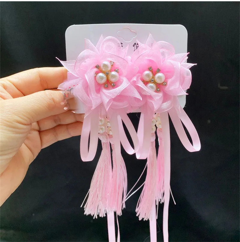 

Заколки для волос, с длинной лентой, с кисточками, с цветами, розовые, красные, фиолетовые, для принцессы, подарок на день рождения, аксессуары для волос с бусинами ручной работы HW070