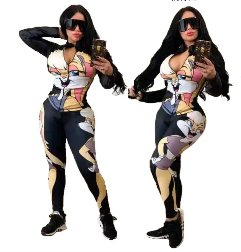 

2020 Two Piece Set Tracksuit Women Clothes Letter Cartoon Printed Full Sleeve Zipper Jacket Lounge Wear Outfits Matching Sets