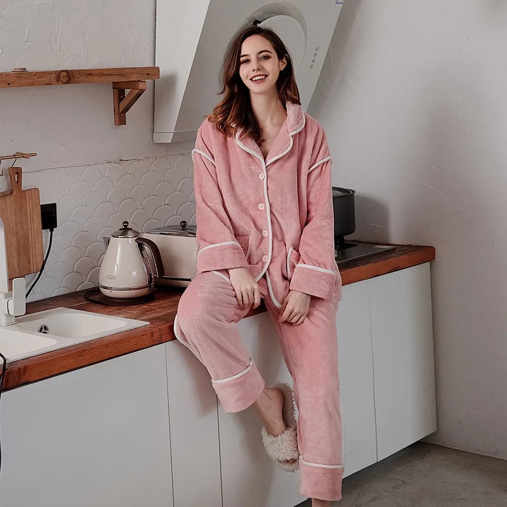 

Pajamas for Women 2019 Flannel Pajamas Winter Version of The Thick Long-sleeved Trousers Pajamas Two-piece Home ClothesSleepwear
