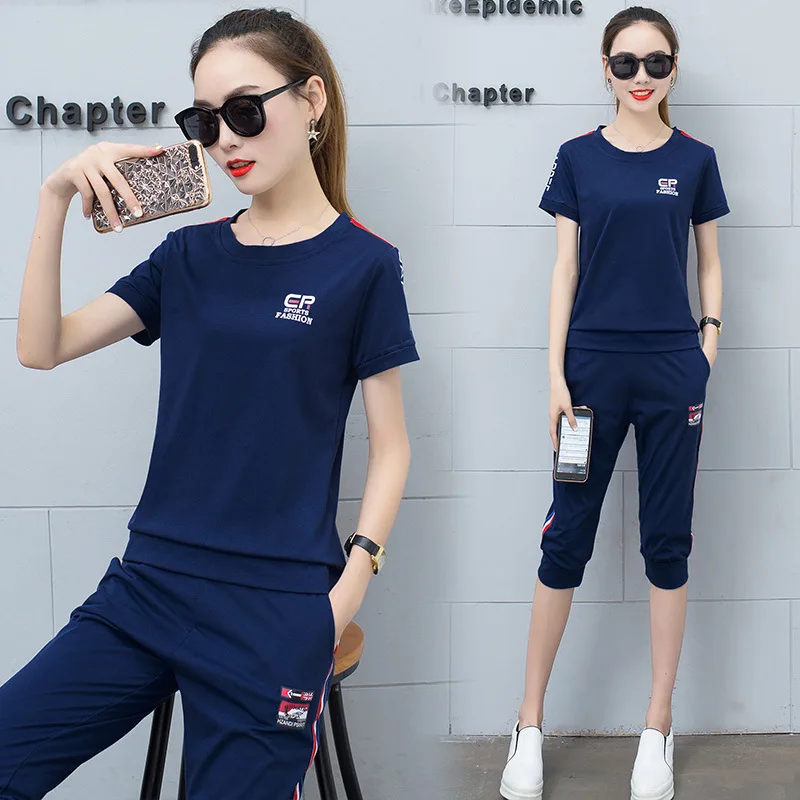 

820 # Photo Shoot [6535 Cotton] Short Sleeve Sports WOMEN'S Suit Casual Two-Piece Set Summer Fashion Capri Pants Running