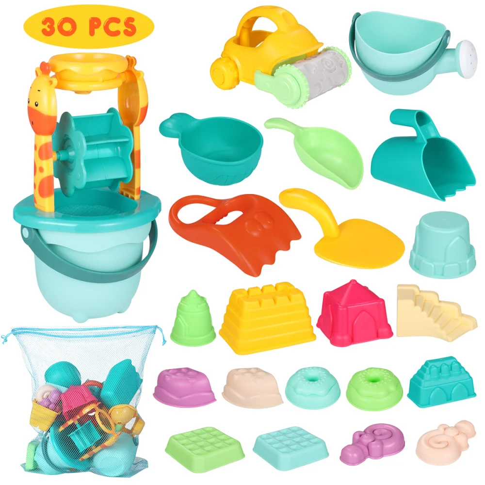 IBaseToy-Juego de moldes de arena Multicolor para playa, 30 Uds., con moldes de dibujos animados y cubo para piscinas, patio trasero y caja de arena