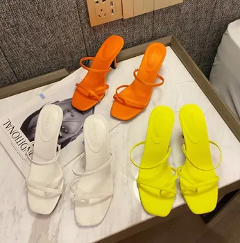 

Shoes Woman 2020 Woman's Slippers Shallow Thin Heels Luxury Slides Heeled Mules Rubber Flip Flops New Designer Summer High