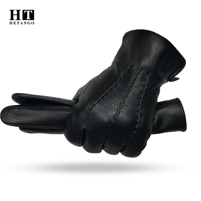 Winter Men's Leather Gloves Warm Soft Sewing Wavy Design Touch Screen Buckskin Gloves Imitate Wool Lining